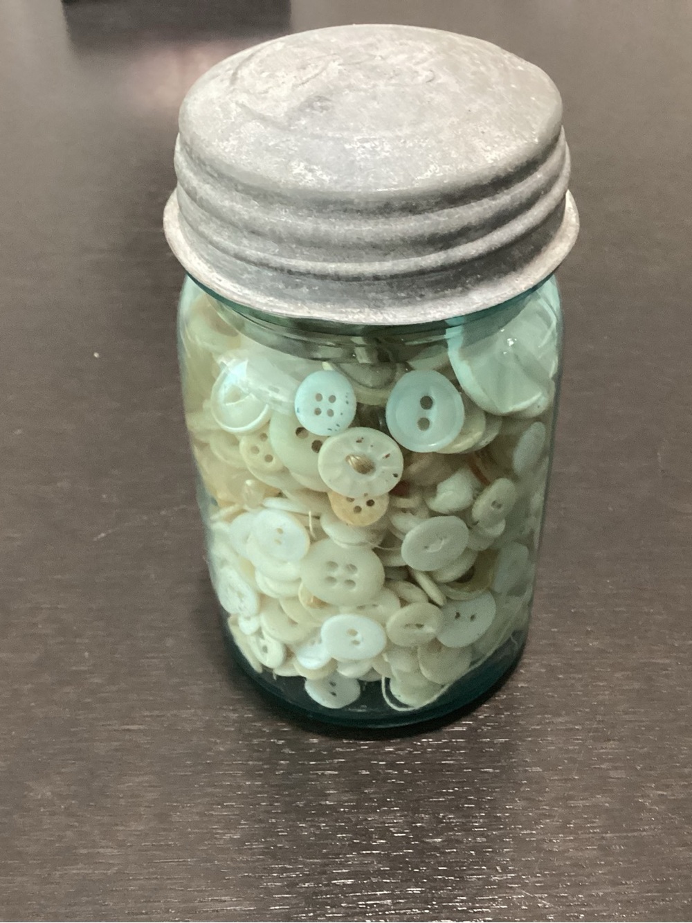 Antique Blue Aqua Highly Collectible Glass Mason Jar filled with assortment of